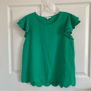 mine Emerald Green Ruffle Sleeve Scalloped Hem Blouse Large Lightweight Summer
